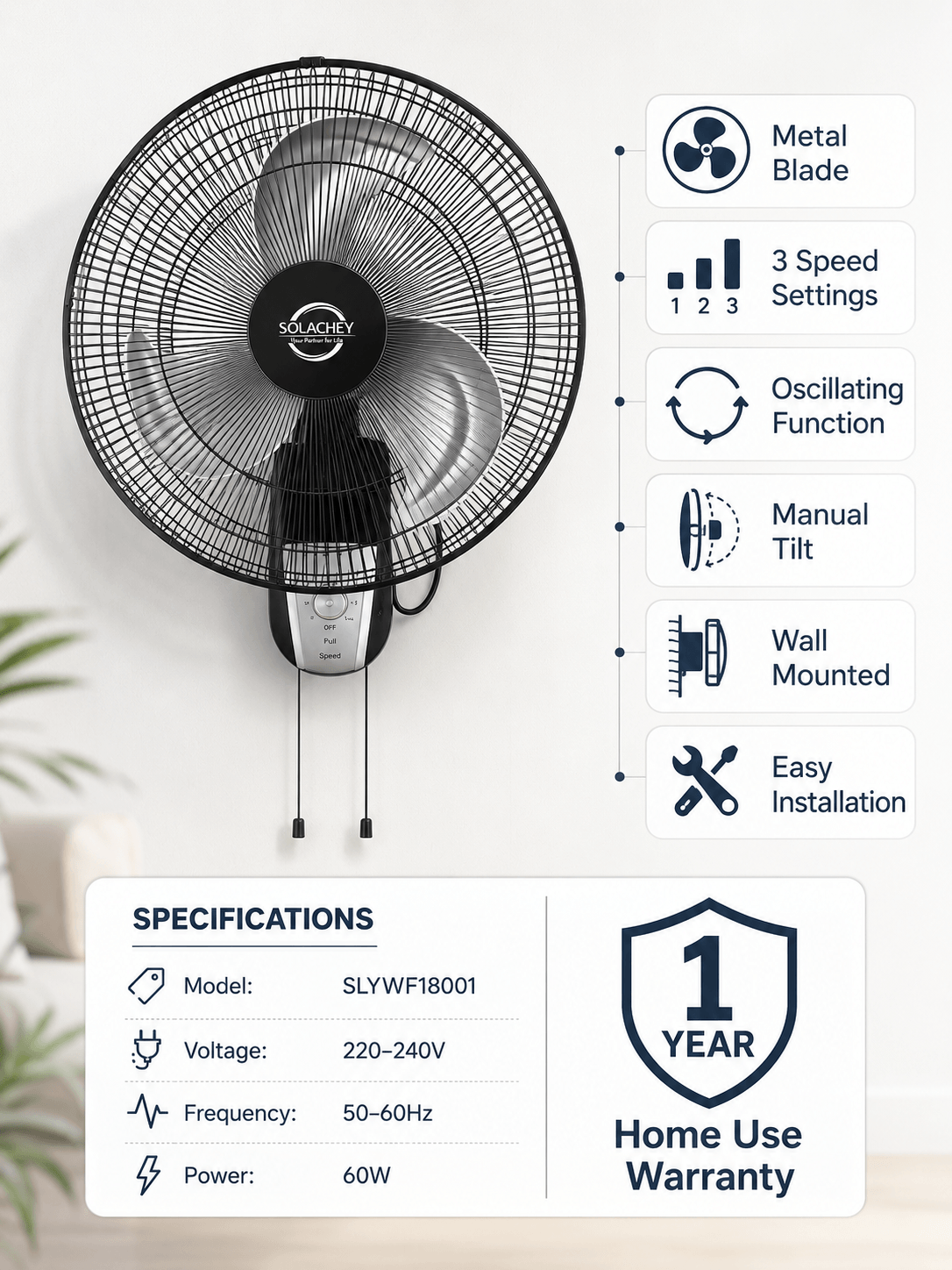 18 inch wall fan features and specifications including metal blade, 3 speed settings, oscillating function, manual tilt, wall mounted design and 60W power