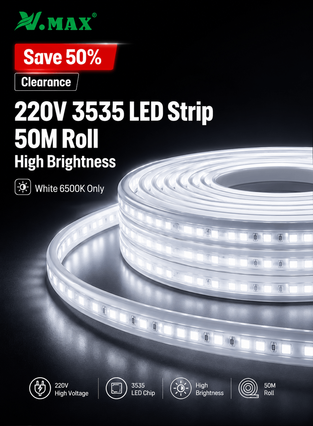 220V 3535 LED strip light 50M roll high brightness white strip for indoor and covered lighting projects in Kuwait