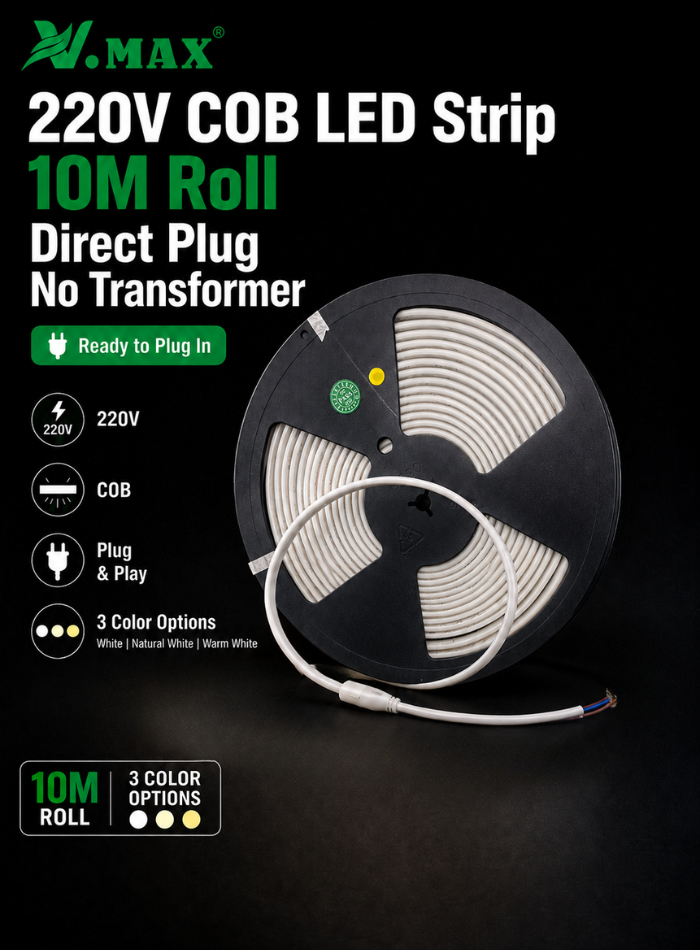 220V COB LED strip light 10M roll with direct plug design and no transformer, ideal for indoor lighting in Kuwait