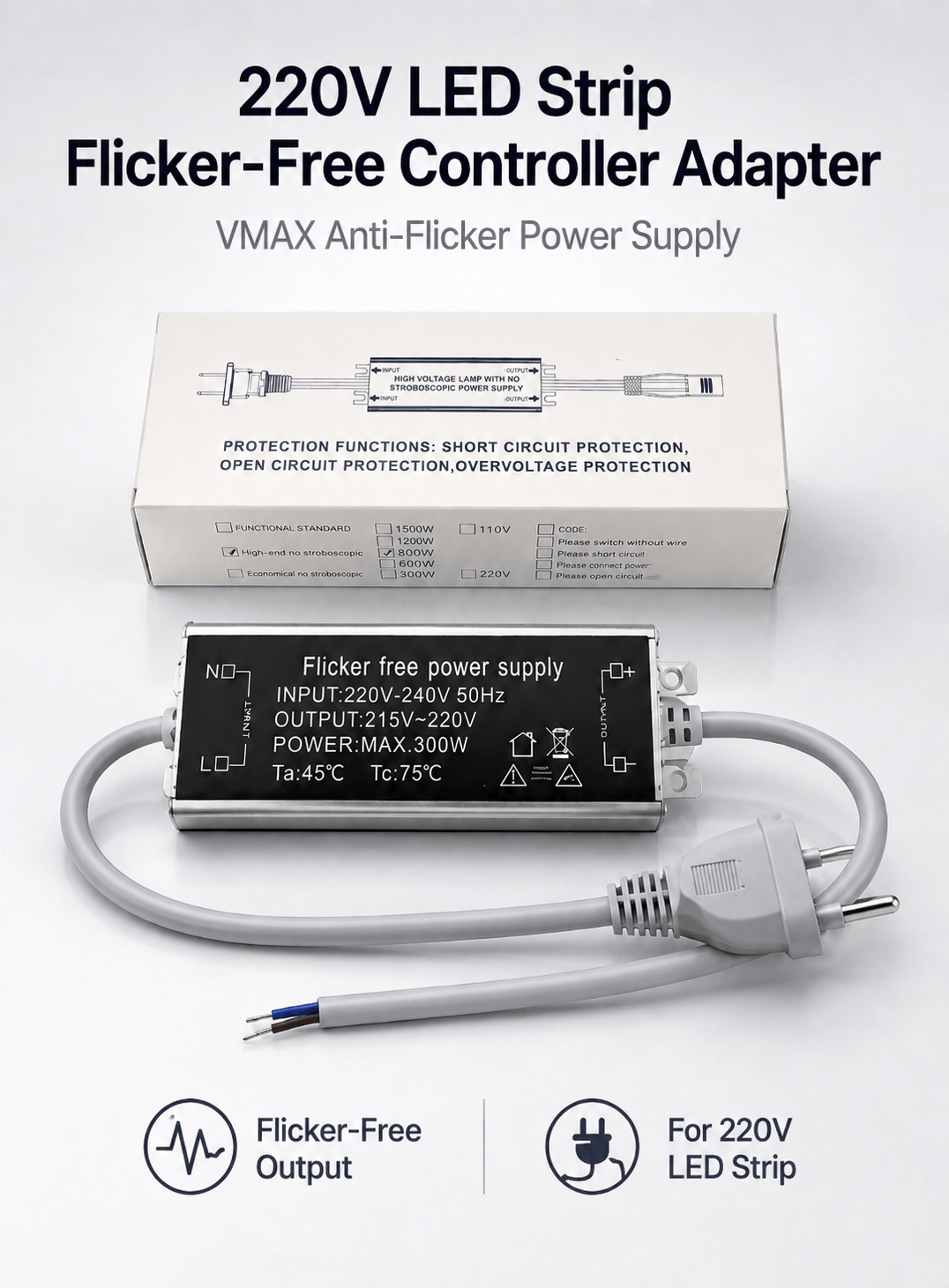 VMAX 220V LED strip flicker-free controller adapter, anti-flicker power supply for 220V LED strip light