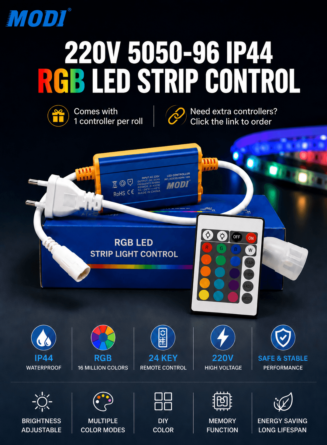 220V RGB LED strip controller with remote control for color changing LED strip lights