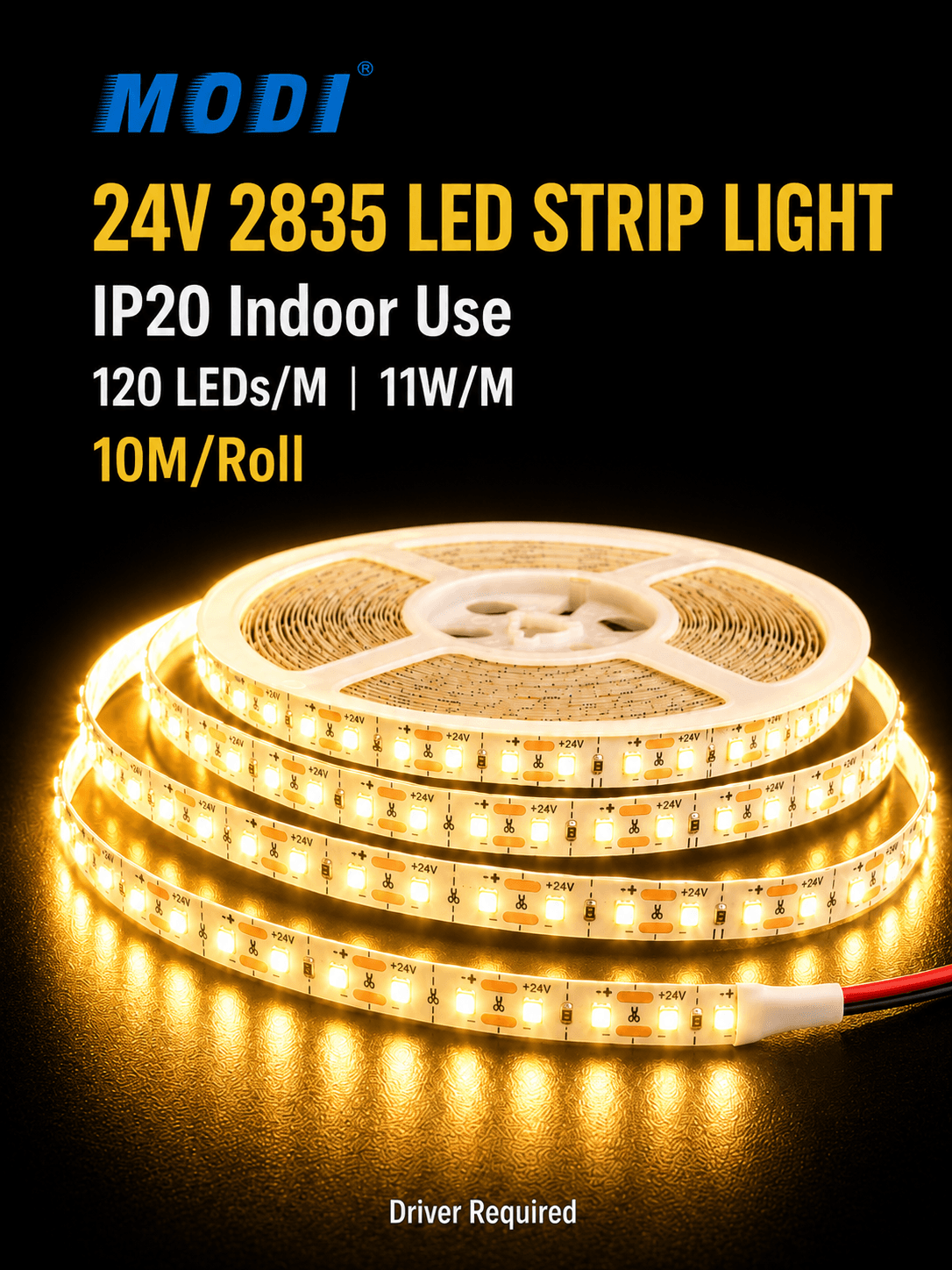 MODI 24V 2835 LED strip light 3000K warm white, IP20 indoor use, 120 LEDs per meter, 11W/M, 10M roll, driver required