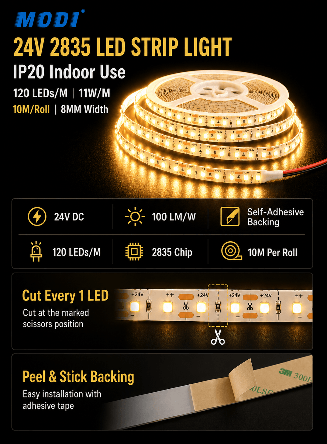 24V 2835 LED strip light 3000K warm white with 120 LEDs/M, 100LM/W, self-adhesive backing, cuttable every 1 LED, 10M roll