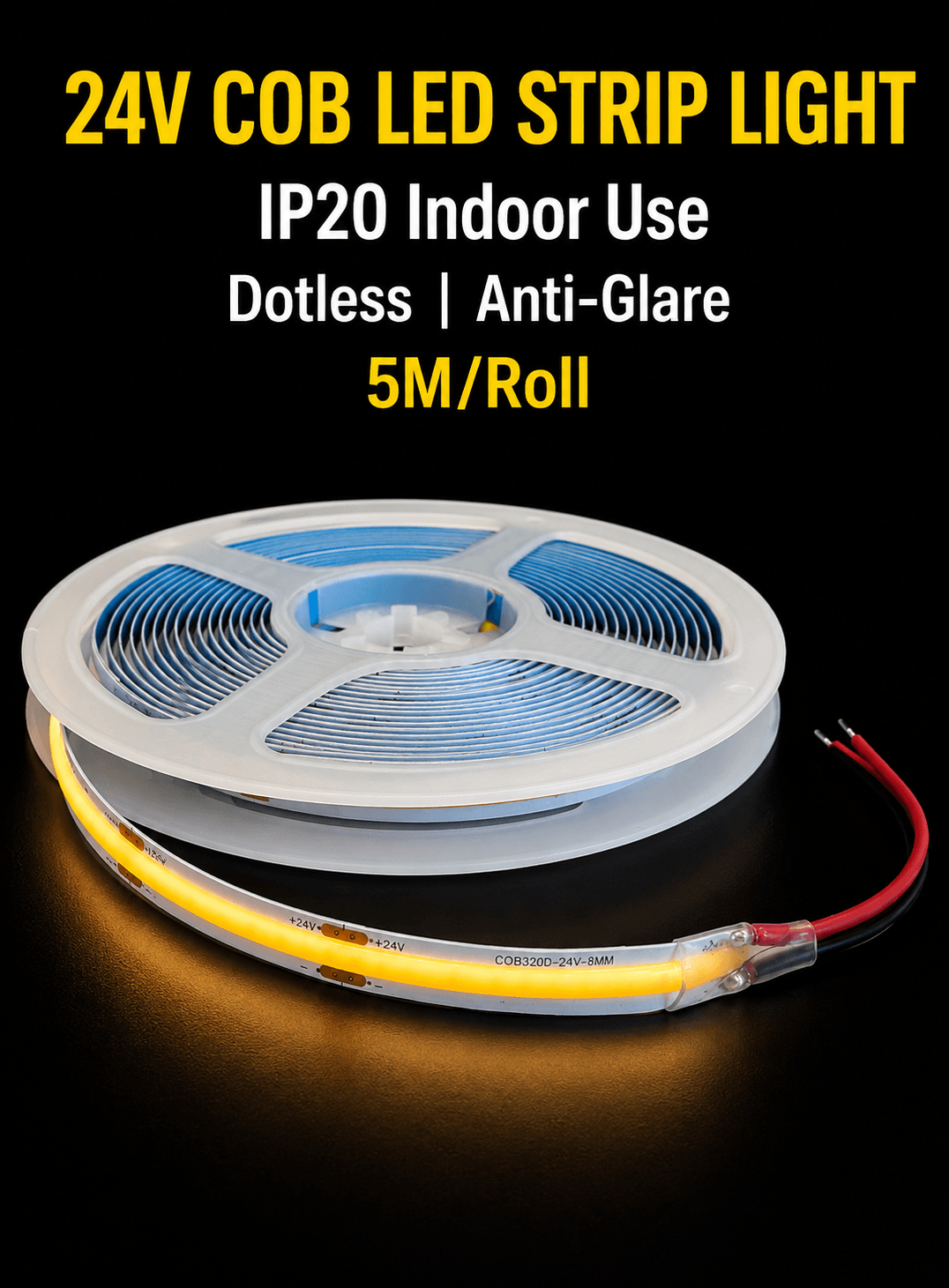 24V COB LED strip light IP20 indoor dotless anti-glare 5M roll for ceiling, cabinet, and indoor lighting in Kuwait