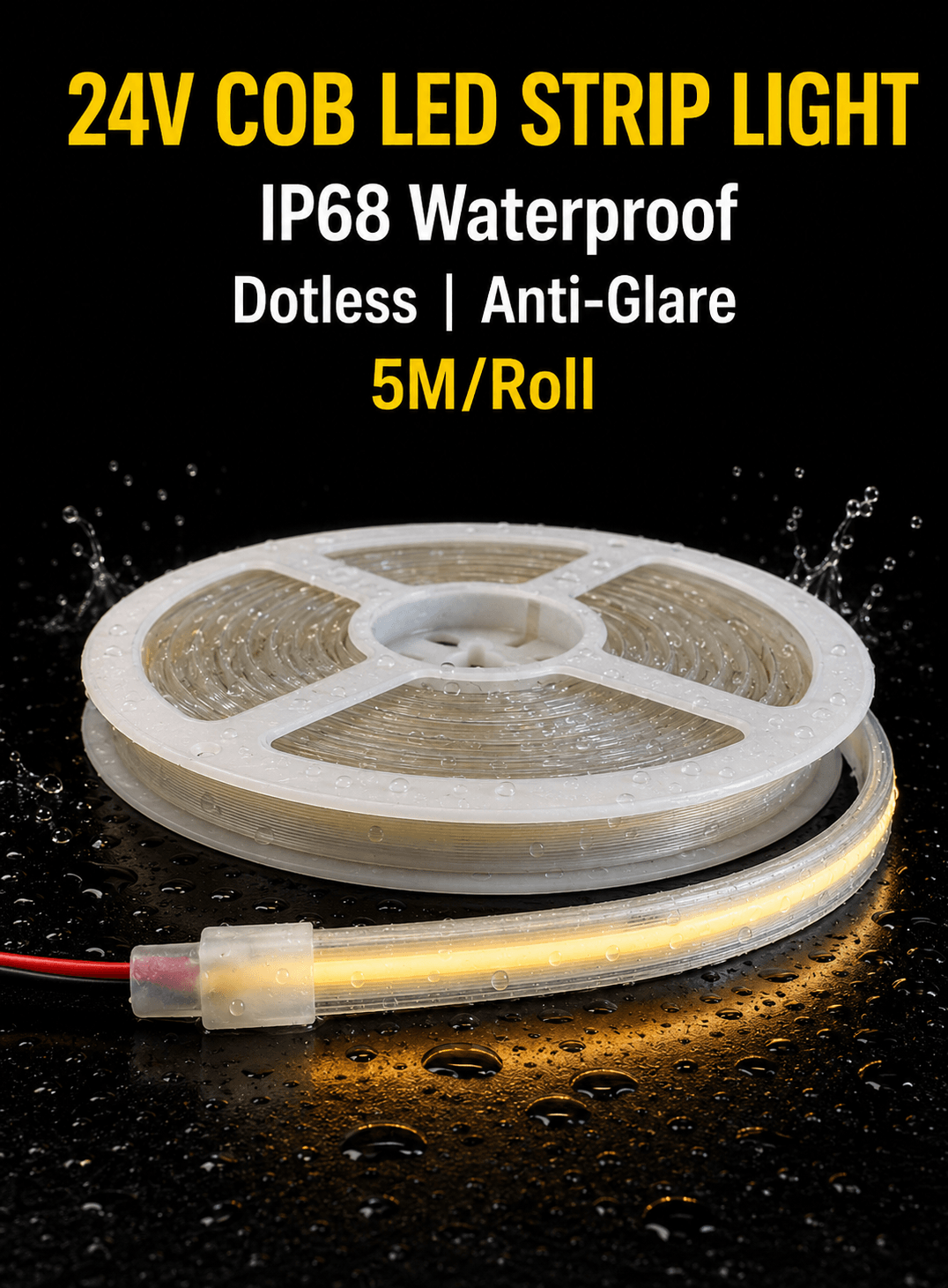 24V COB LED strip light IP68 waterproof dotless anti-glare 5M roll for outdoor, garden, and wet area lighting in Kuwait