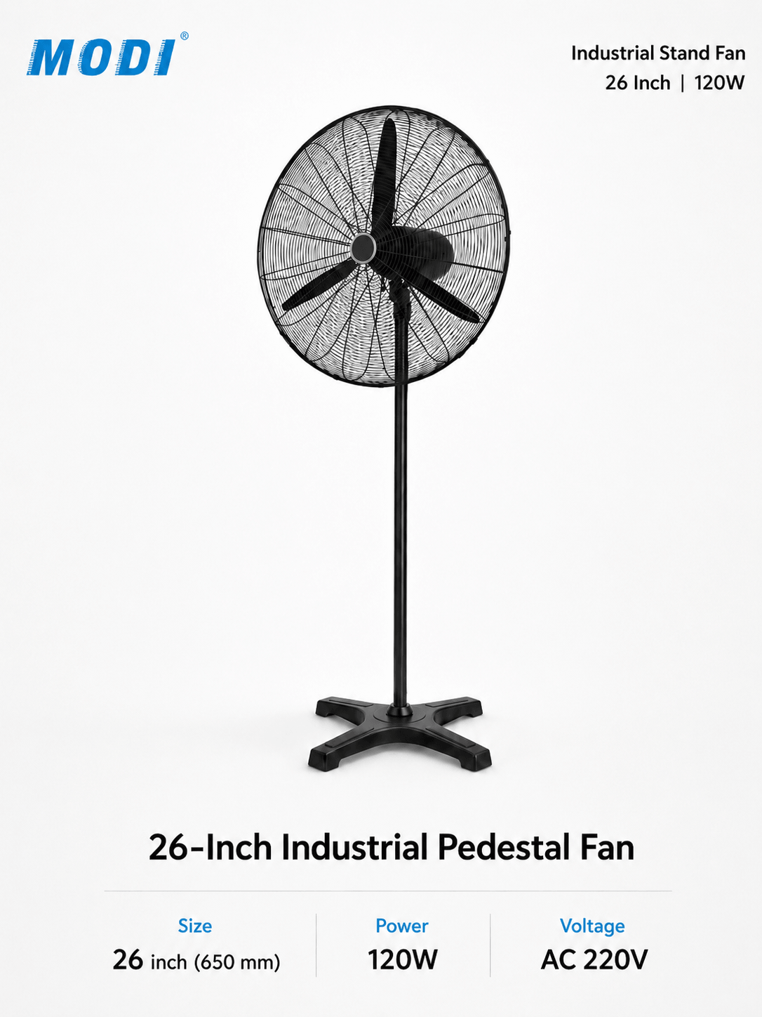 26-Inch Industrial Pedestal Fan 120W AC 220V MODI heavy-duty standing cooling fan for shops, warehouses and commercial spaces in Kuwait