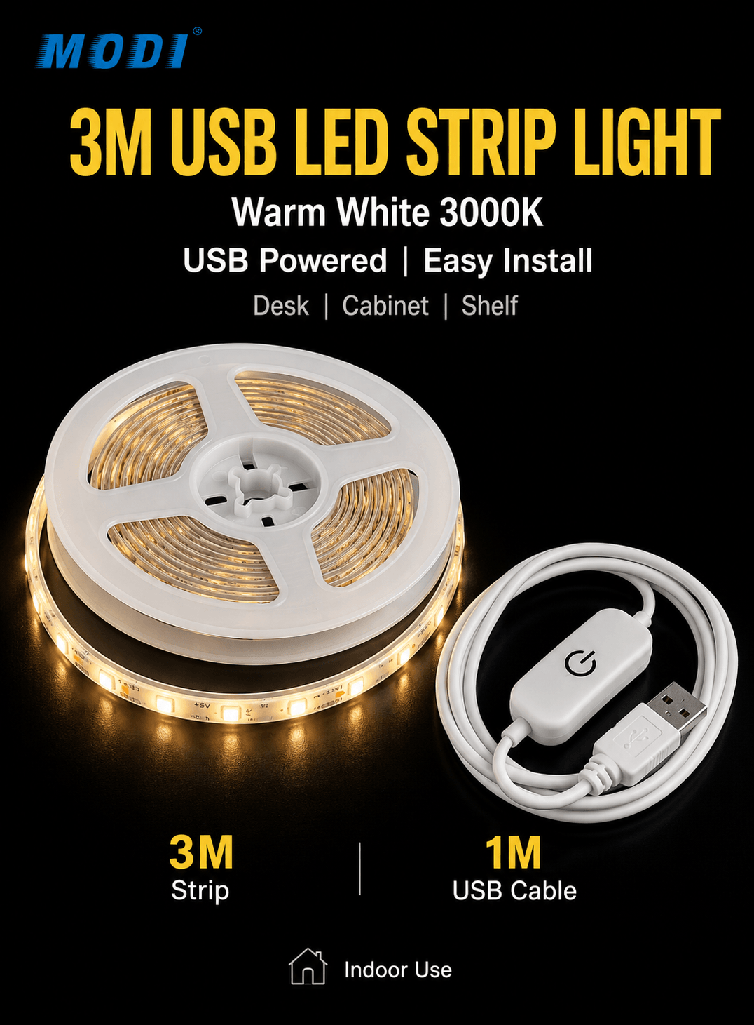 
3M USB LED strip light, warm white 3000K indoor strip with USB cable and switch for desk, cabinet, and shelf lighting
