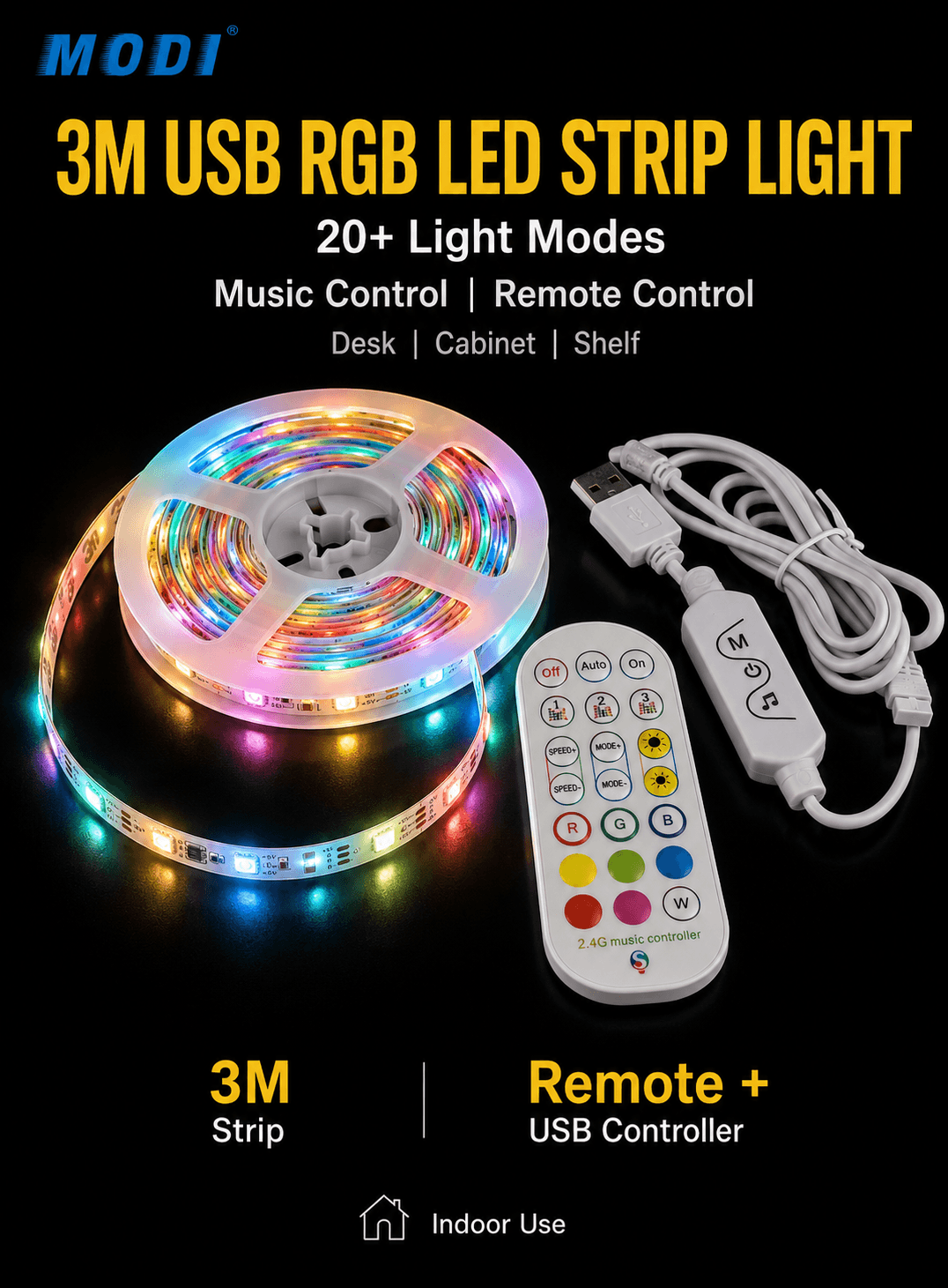 3M USB RGB LED strip light, color changing indoor strip with remote control, music modes, USB controller, and 20+ light modes