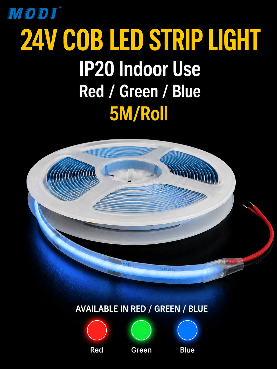 24V COB LED Strip Light – Red / Green / Blue IP20 Indoor Strip, 5M Roll