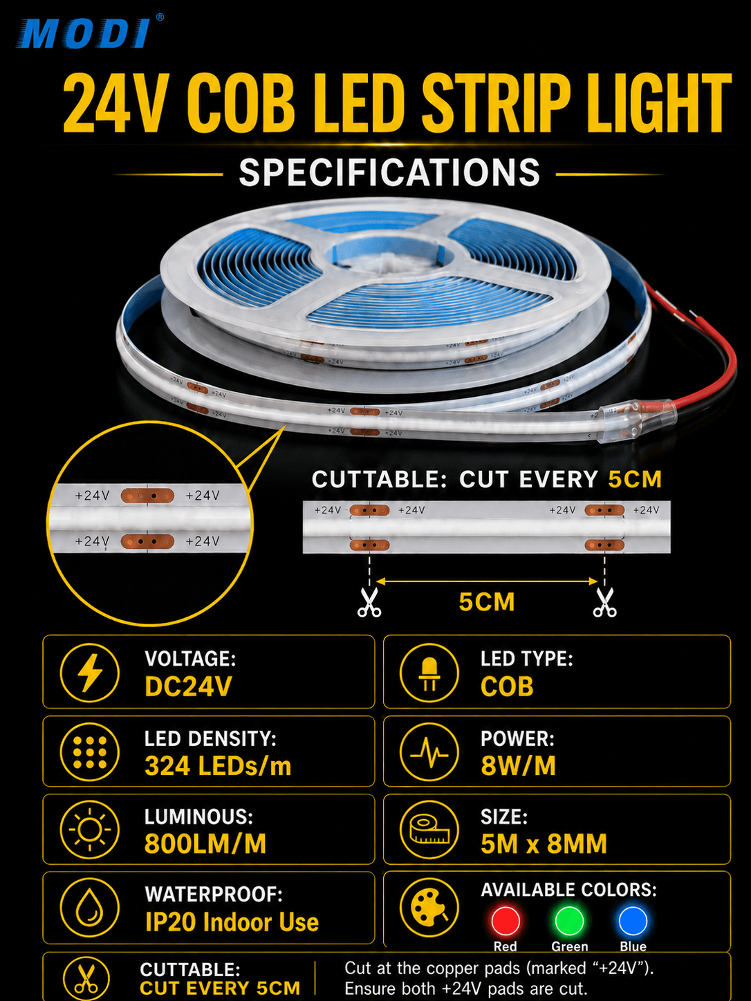 24V COB LED Strip Light – Red / Green / Blue IP20 Indoor Strip, 5M Roll