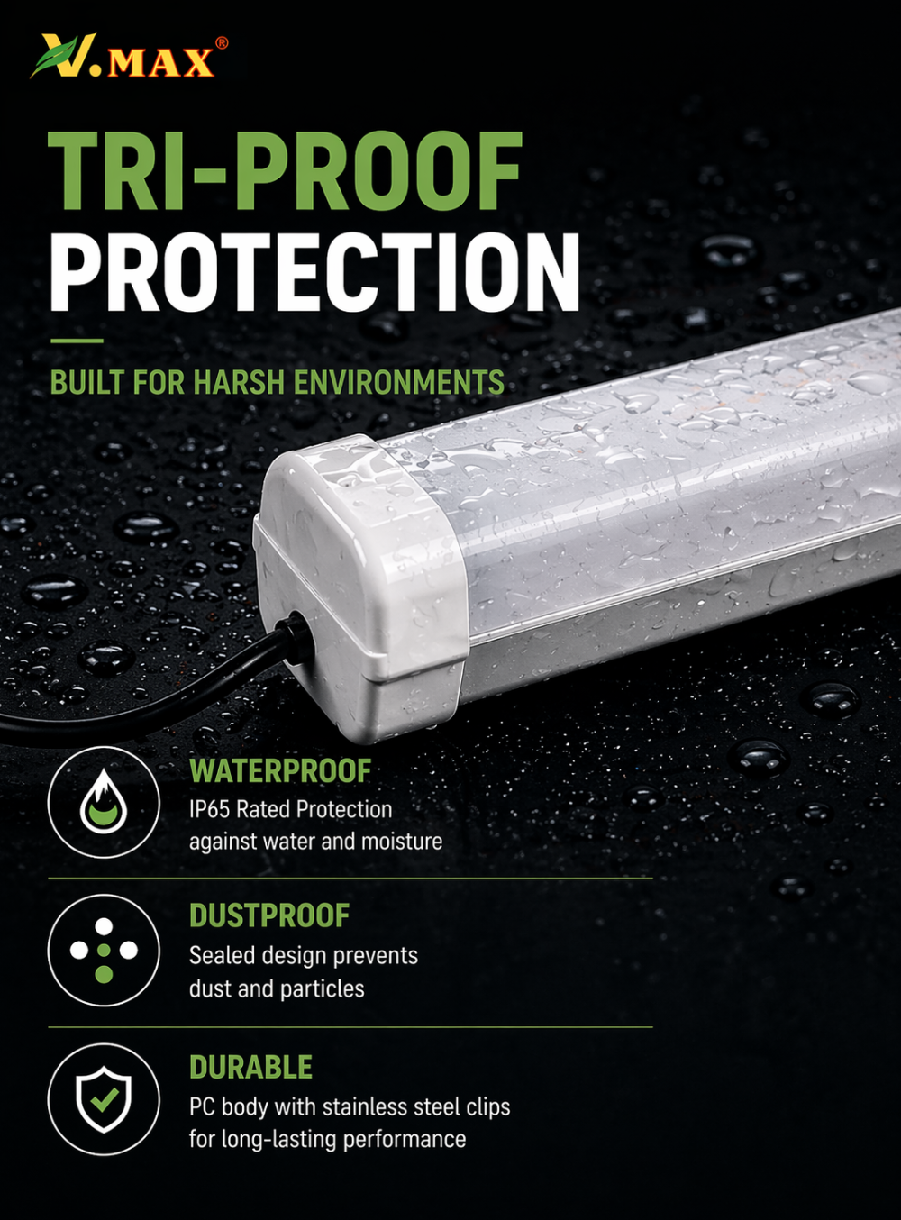 LED tri-proof light with waterproof dustproof and durable IP65 protection for industrial environments