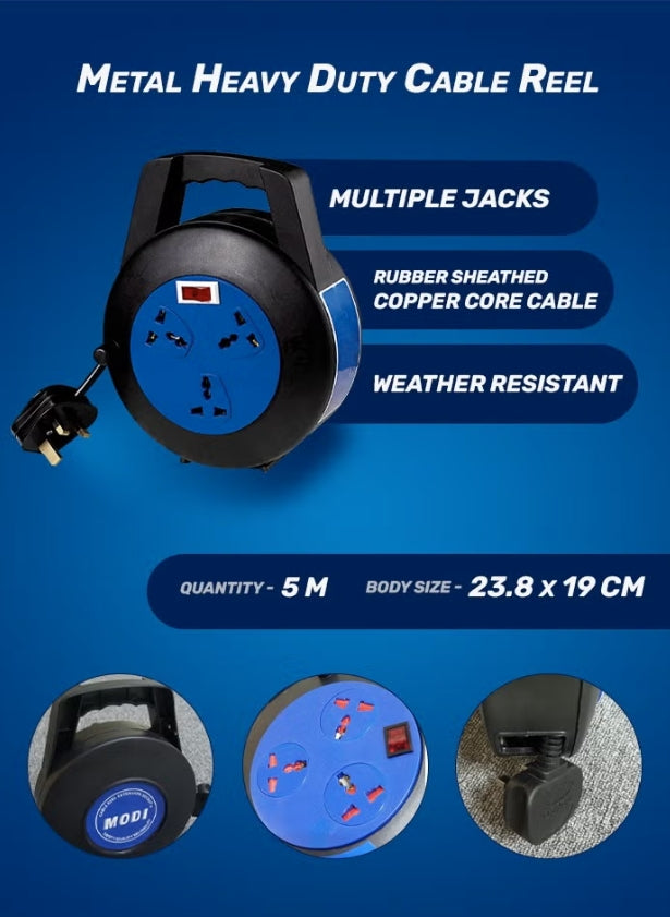 MODI Cable Reel Extension Socket,5Mtr,3 Universal Plugs