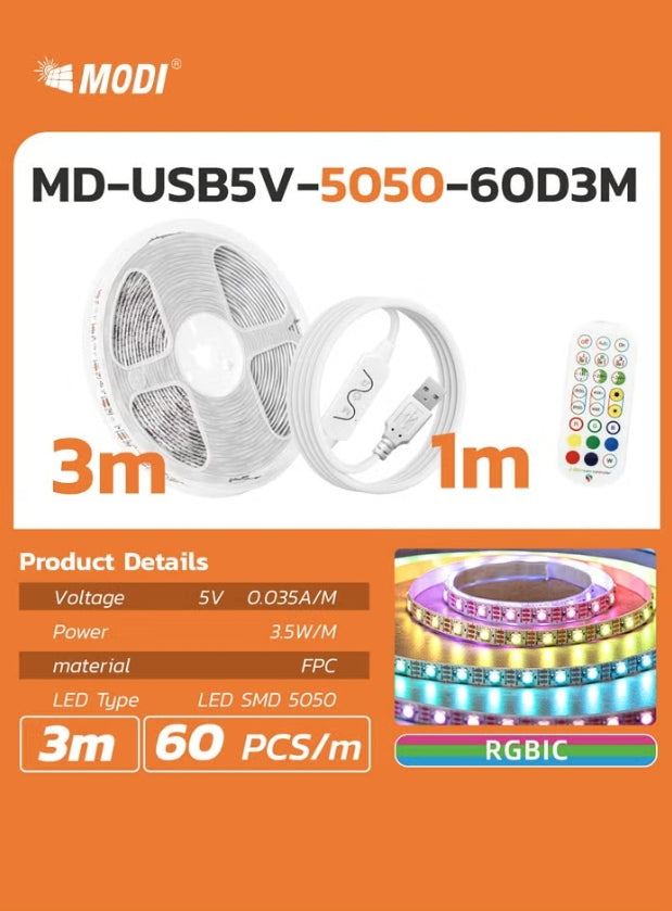 3M USB Smart 5V RGB LED Strip with Remote Control and Music Sync