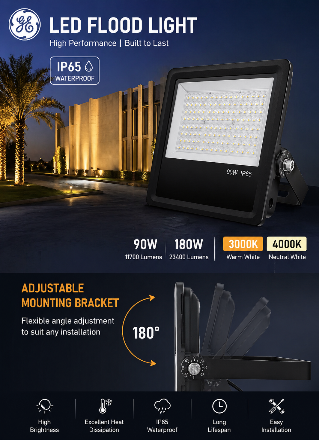 adjustable LED flood light with 180 degree bracket, IP65 waterproof outdoor light for Kuwait projects