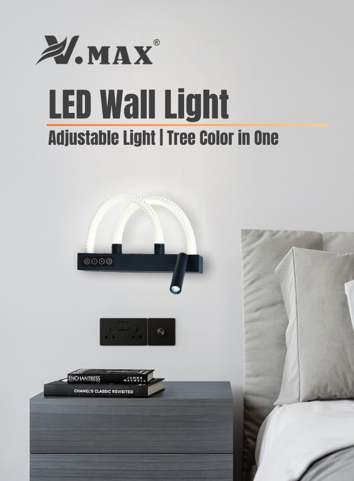 Adjustable LED wall lamp for bedroom, soft ambient light and focused spotlight, touch control for brightness and color