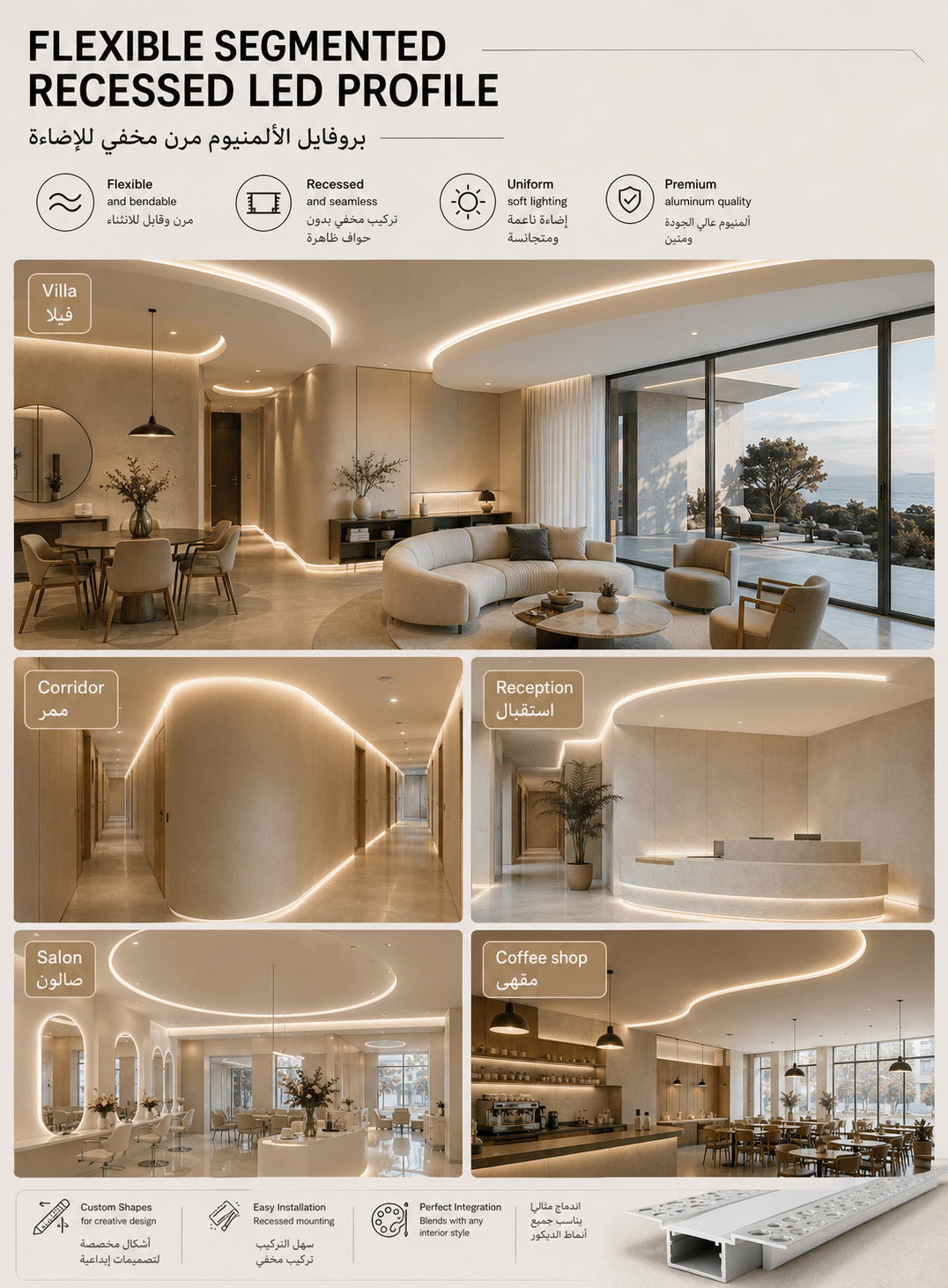 Architectural curved recessed LED lighting projects for villas corridors salons receptions and coffee shops