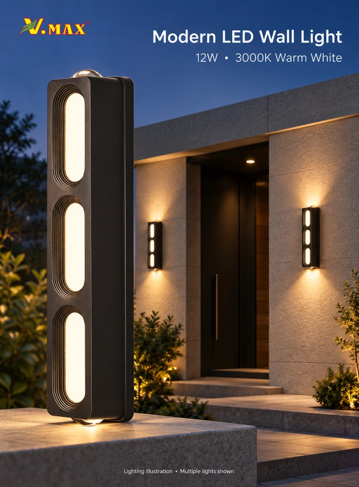 12W black LED wall light with three front light windows, shown with warm white lighting at a villa entrance