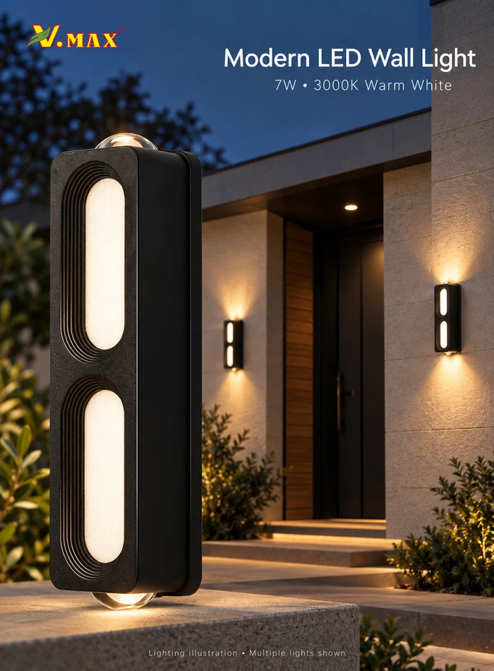 7W black LED wall light with two front light windows, shown with warm white lighting at a villa entrance