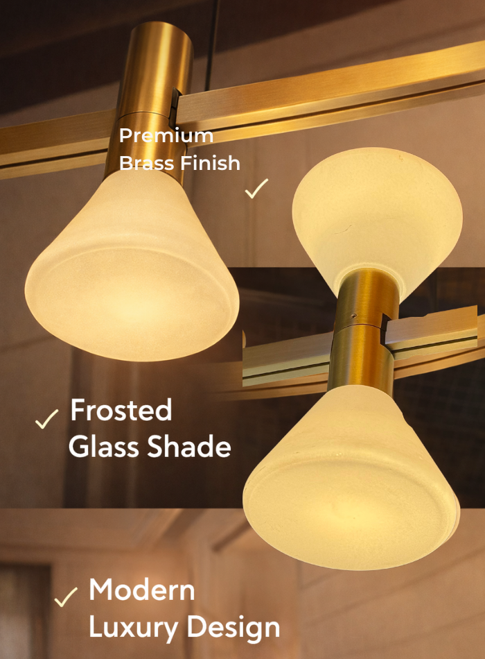 Close-up of brass chandelier with frosted glass shade and premium finish for modern lighting