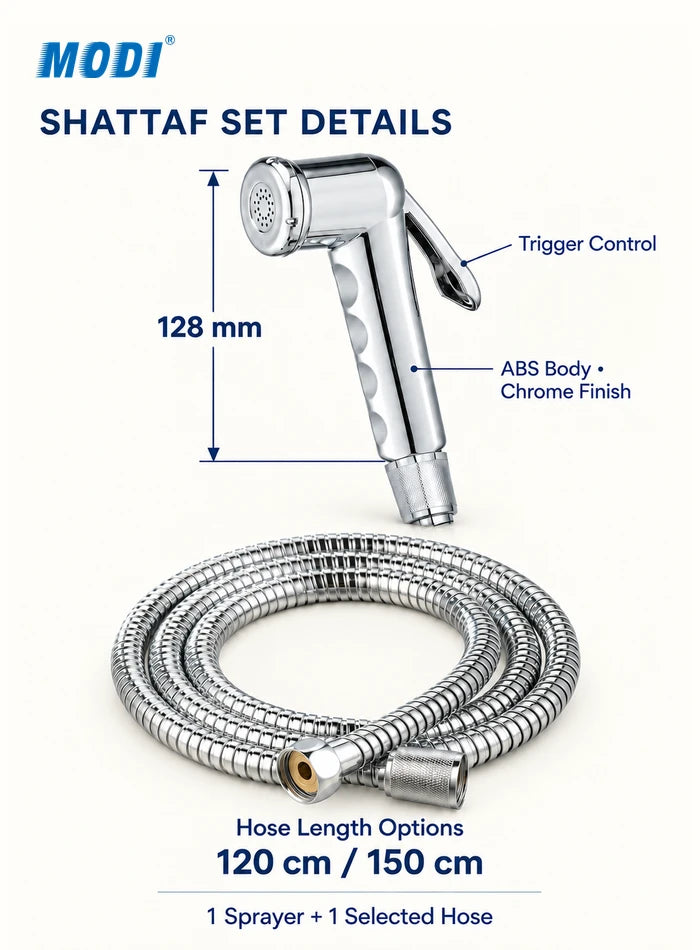 Chrome shattaf sprayer with 128 mm body dimension, trigger control and 120 cm or 150 cm hose options