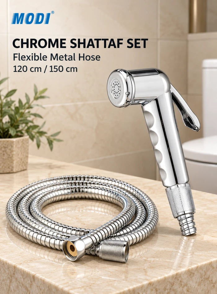 Chrome shattaf set with handheld bidet sprayer and flexible metal hose in a bathroom