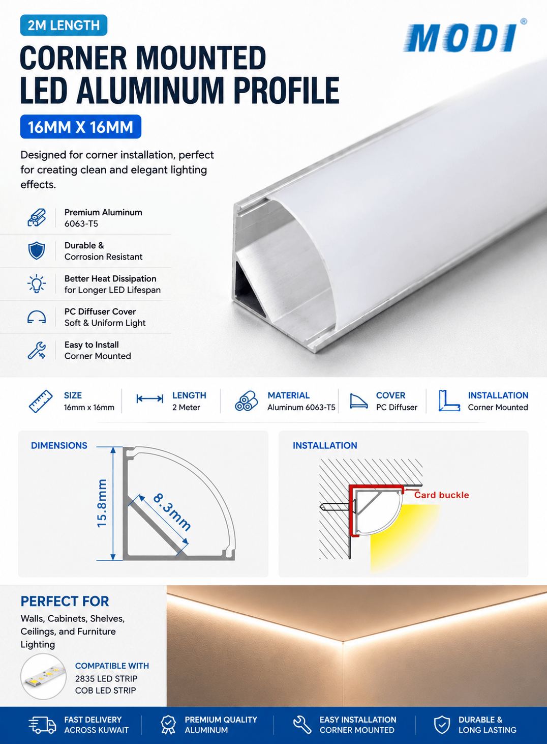 16x16mm corner LED aluminum profile with diffuser for LED strip lighting in Kuwait