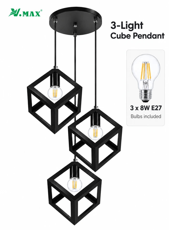 Black cube pendant with three clear filament-style bulbs and an inset confirming three 8W E27 bulbs are included