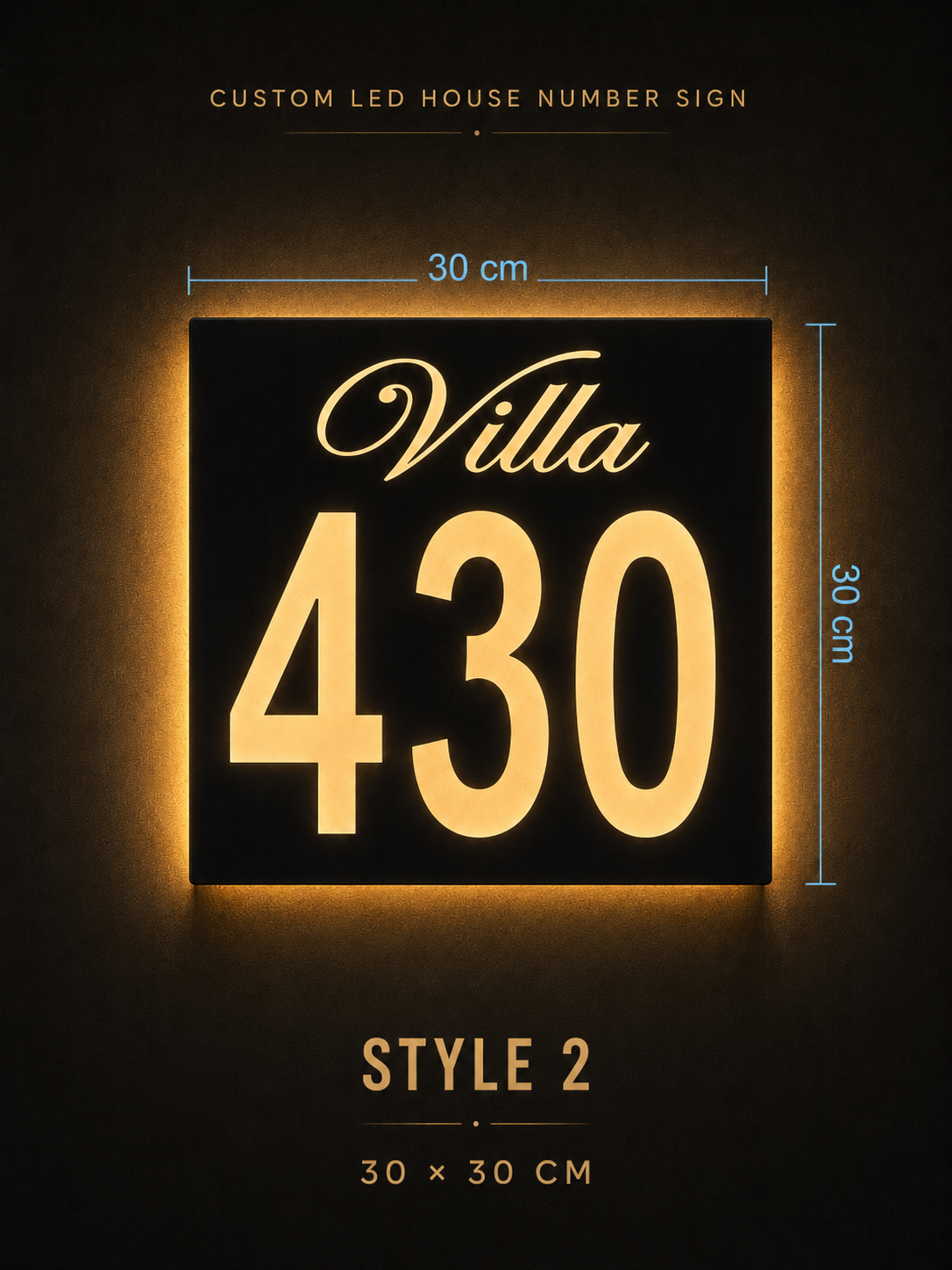 custom LED house number sign with villa number design and 30 x 30 cm size