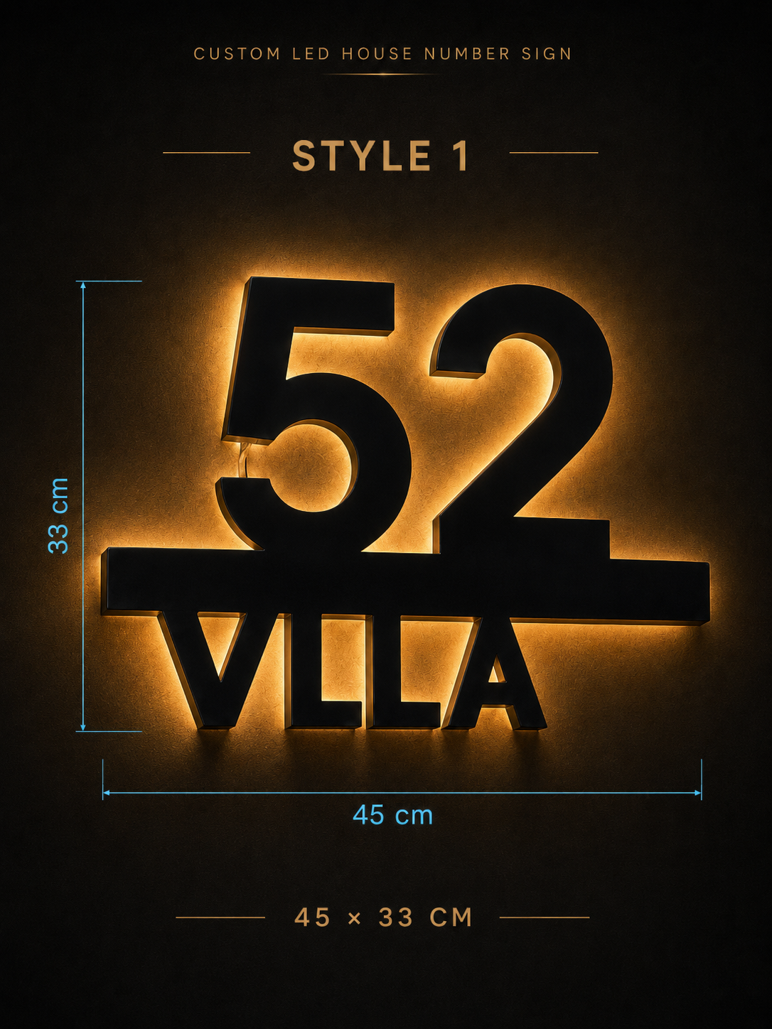 custom LED house number sign for villa wall with 45 x 33 cm size