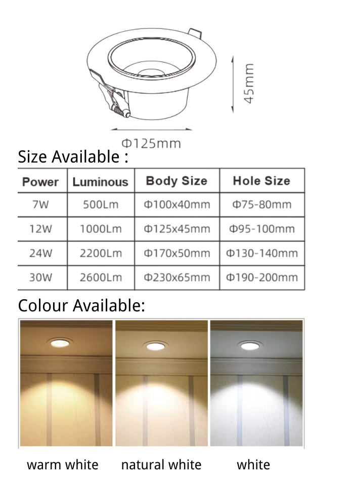 Energy-saving LED lights downlight for homes and offices in Kuwait, modern ceiling lighting with multiple wattage options