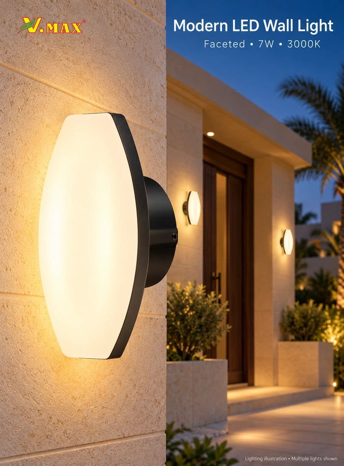 Faceted 7W LED outdoor wall light with a warm white diffuser, shown at a villa entrance