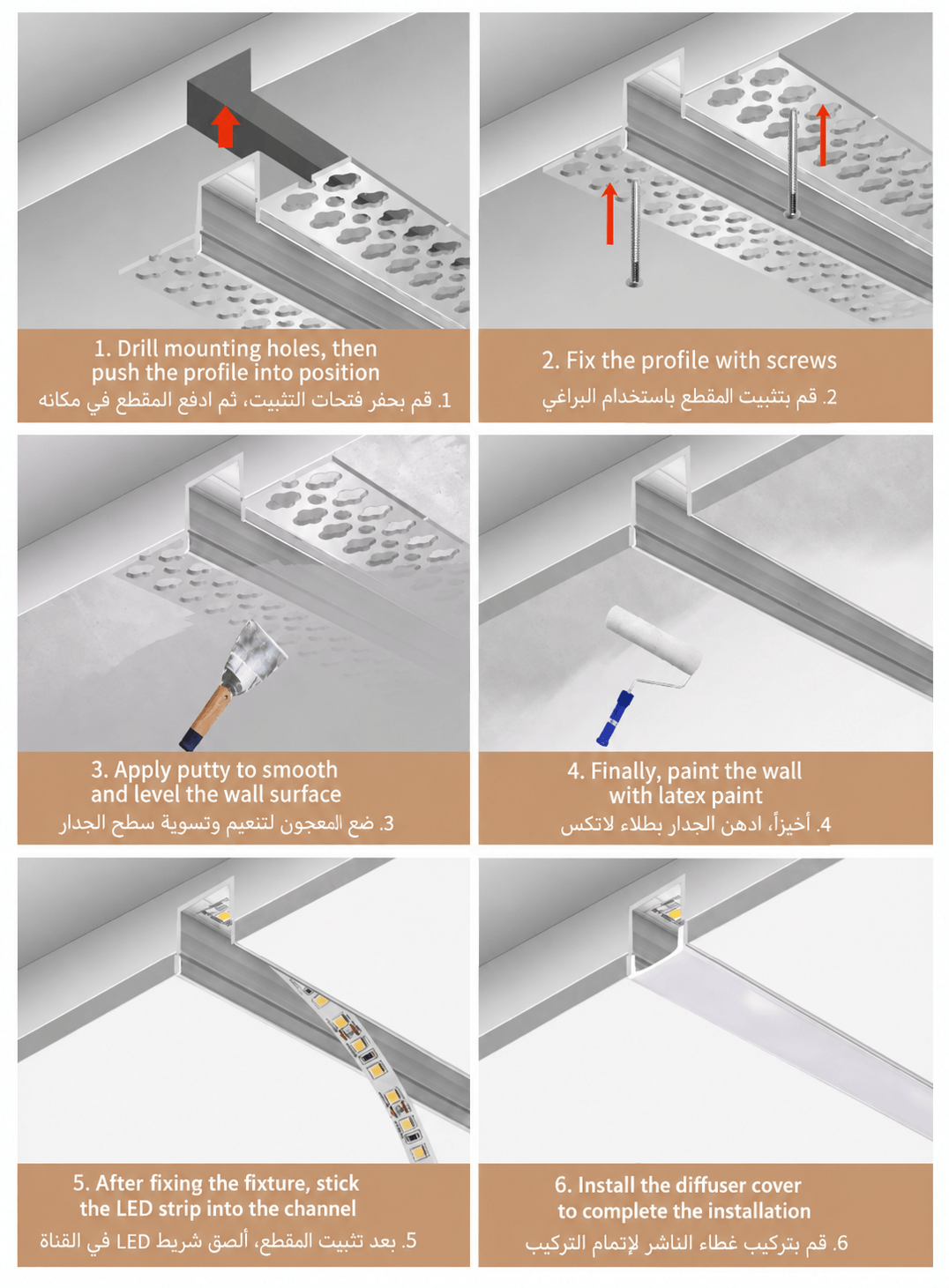 Step by step installation guide for flexible plaster-in recessed LED aluminum profile