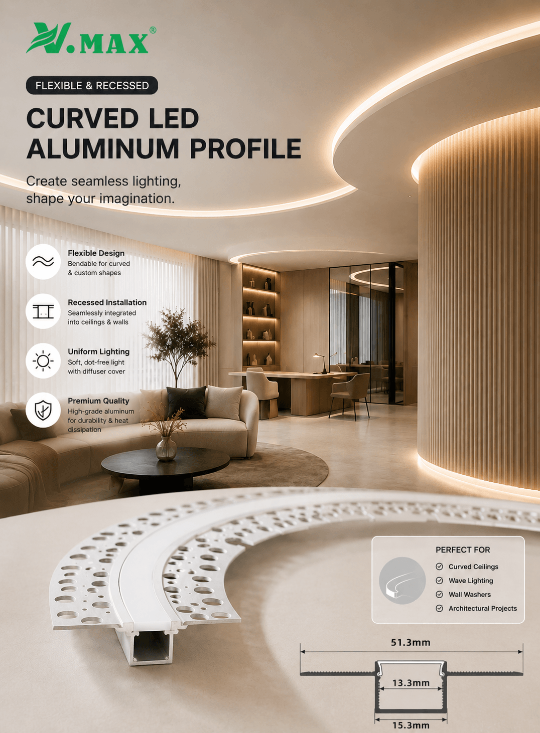 Flexible recessed curved LED aluminum profile for gypsum ceiling lighting in Kuwait by V.MAX