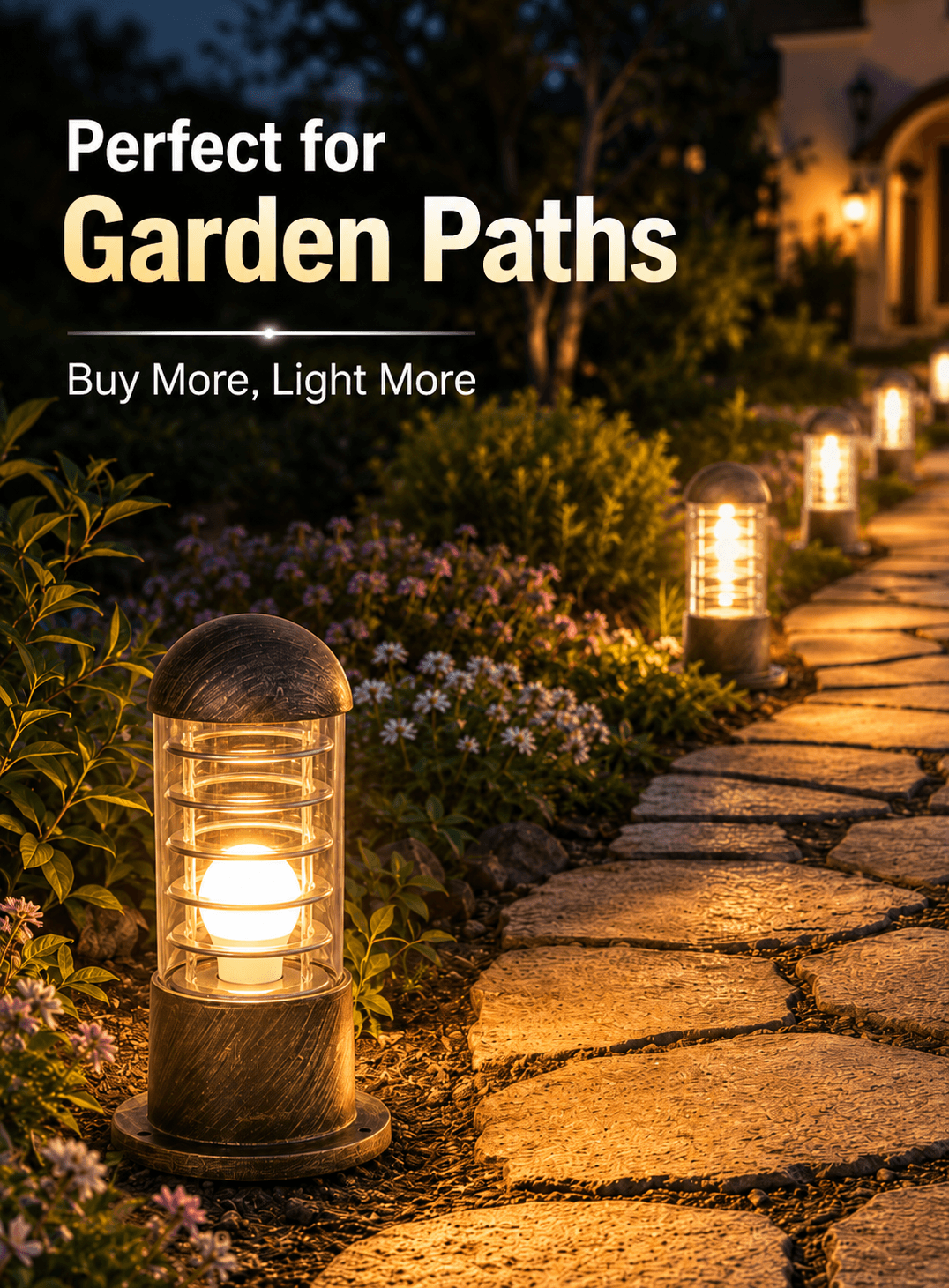 Warm outdoor garden path lights for villa walkways, lawns, and garden paths in Kuwait, ideal for lighting multiple pathway areas