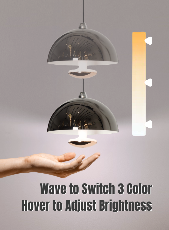 LED pendant light with smart hand-sensing control for on/off, brightness dimming, and color temperature adjustment