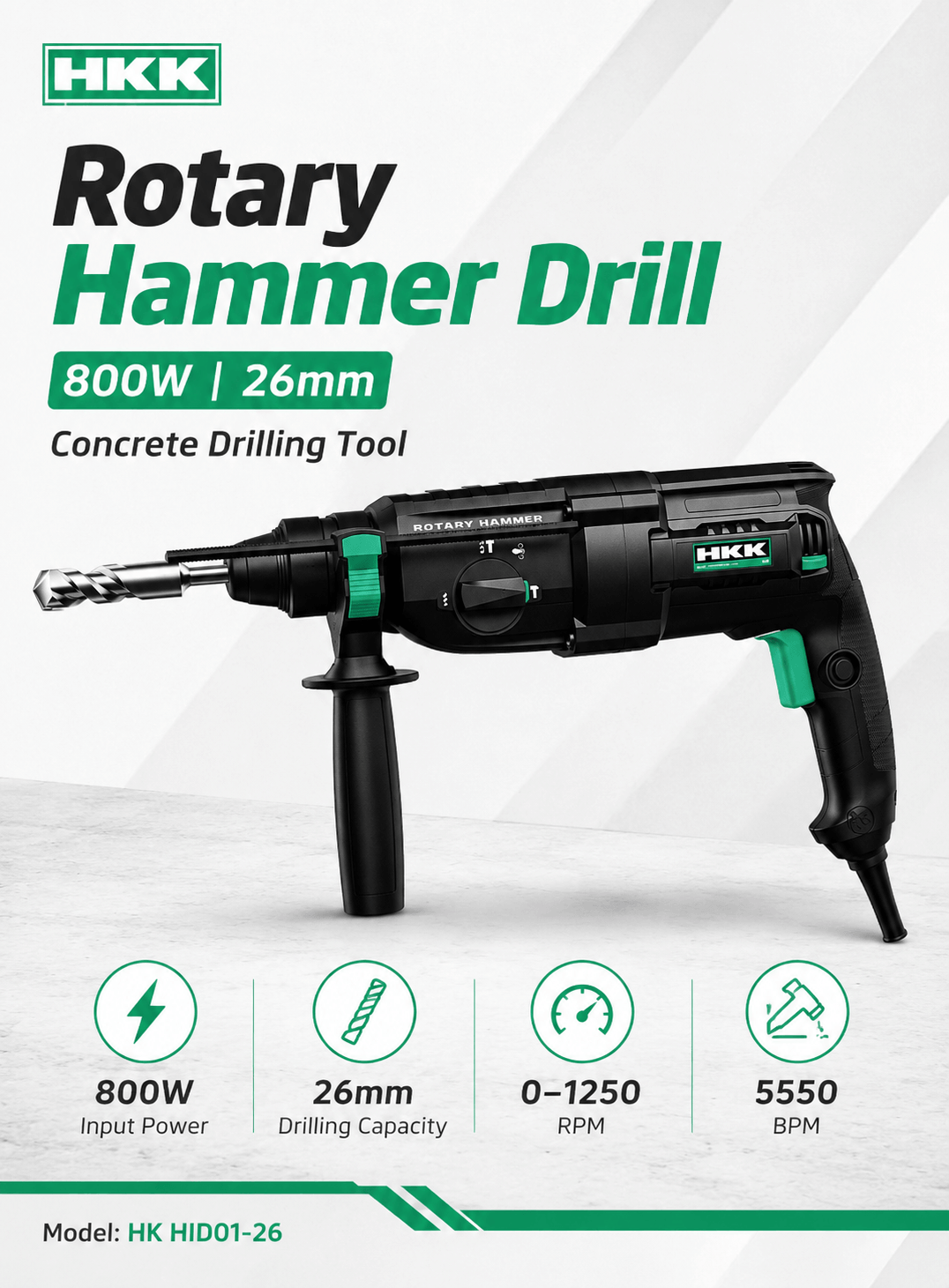HKK 26mm rotary hammer drill with 800W power for concrete drilling, wall drilling and installation work in Kuwait.