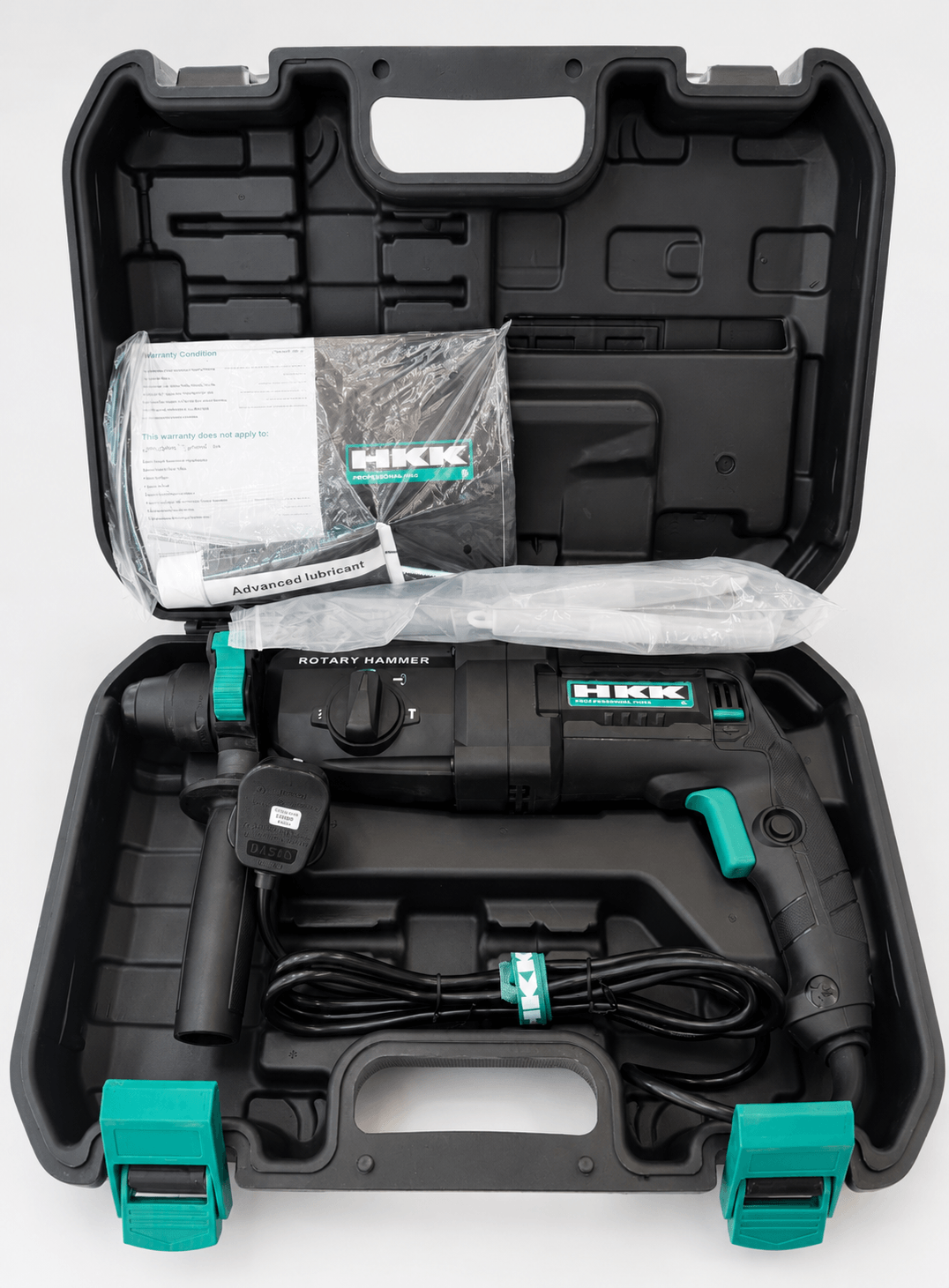 HKK 26mm rotary hammer drill kit with carrying case, handle, power cable and accessories for drilling and installation work
