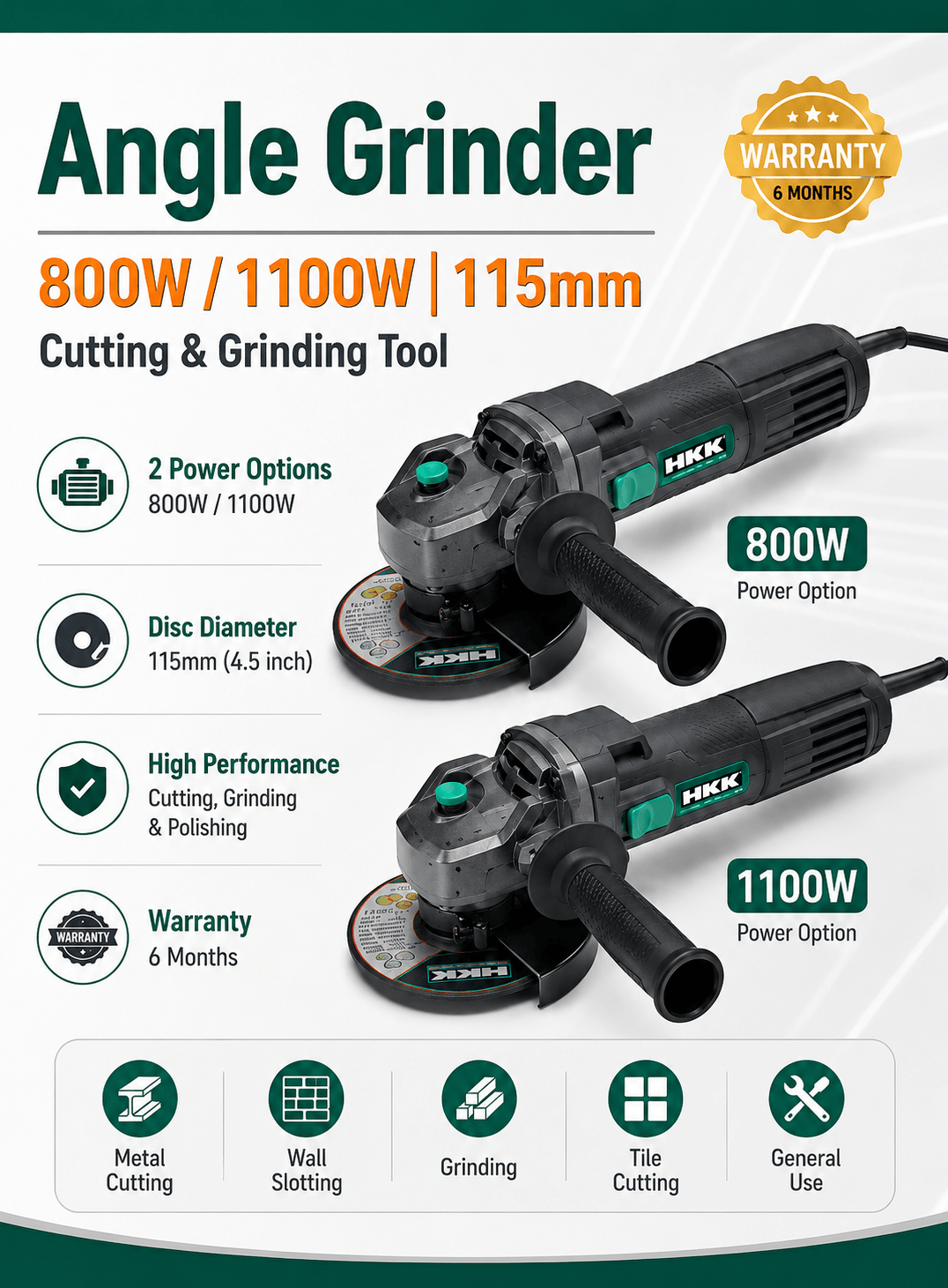 HKK 115mm angle grinder in 800W and 1100W options for cutting, grinding, polishing, metal cutting and general workshop use in Kuwait