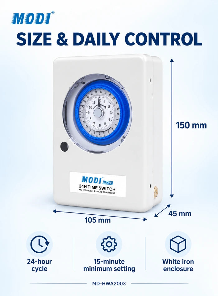 MD-HWA2003 timer switch dimensions 150 by 105 by 45 mm with daily control settings