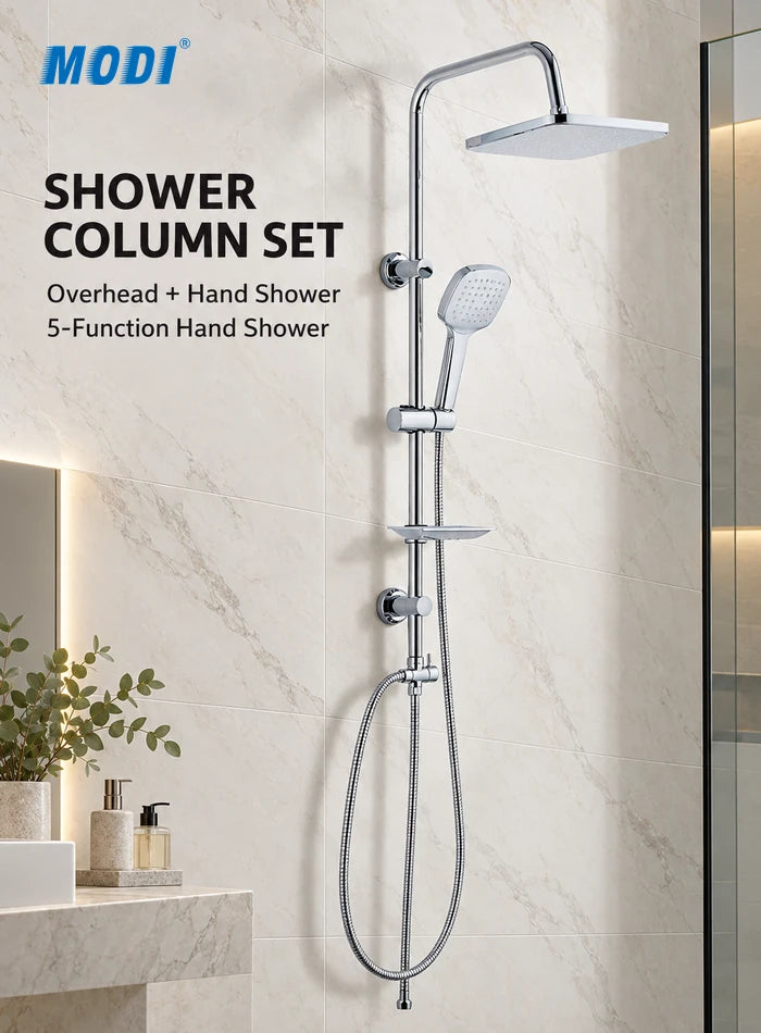 Chrome shower column set with overhead head and 5-function hand shower on a tiled bathroom wall