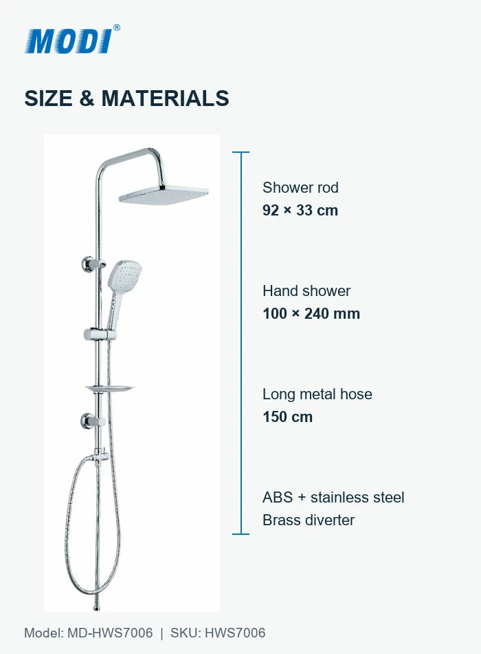 MD-HWS7006 shower rod and hand-shower dimensions with ABS and stainless steel material details