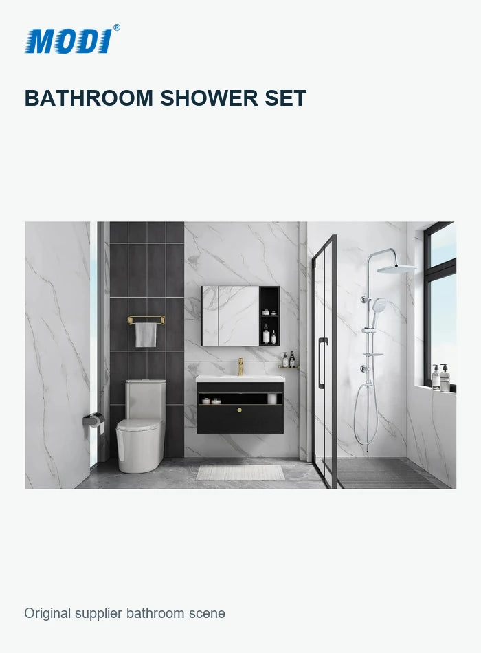 Original supplier bathroom scene showing the chrome shower column mounted beside a glass shower screen