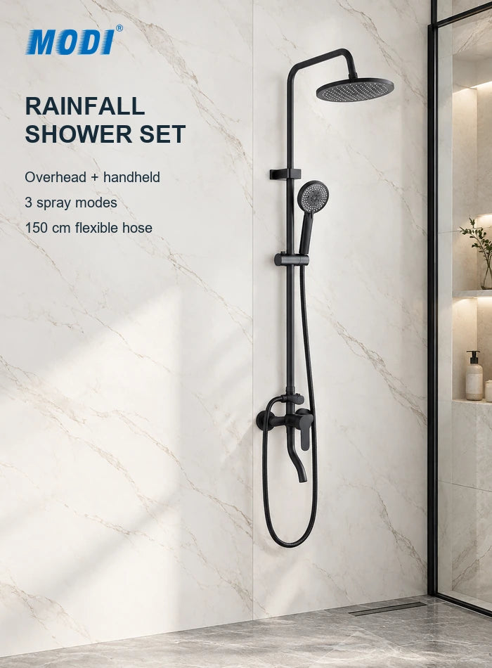 Black rainfall shower set with overhead head and handheld sprayer in a bathroom