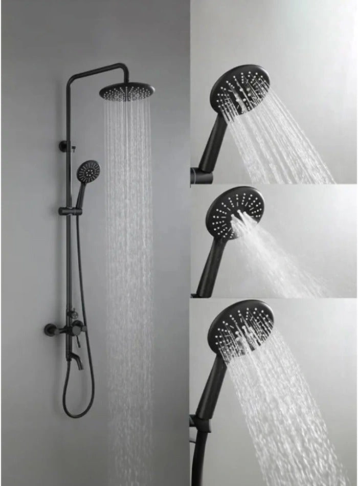 Overhead rainfall and three handheld shower spray patterns