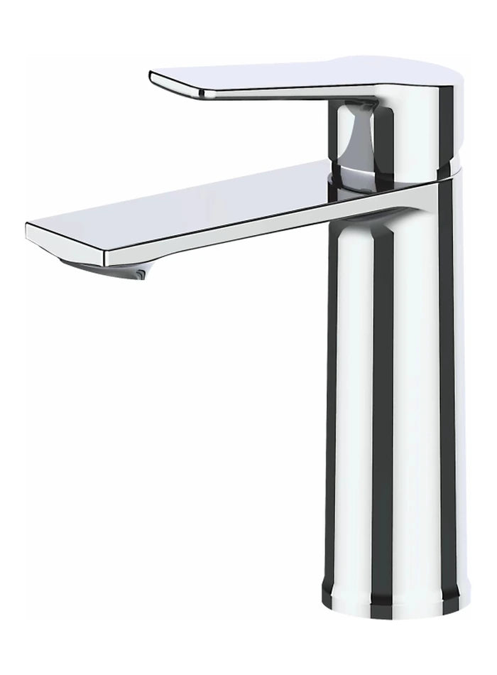Original chrome basin mixer photo showing the slim cylindrical body, flat spout and single lever