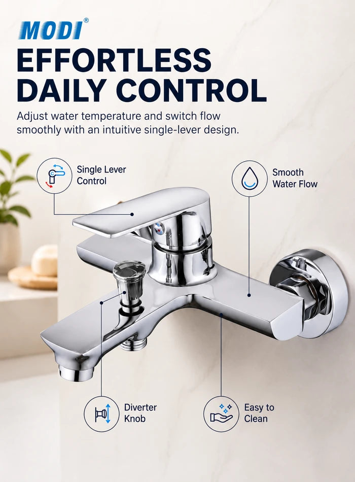 Single-lever hot and cold control, diverter knob and chrome surface on a bath shower mixer