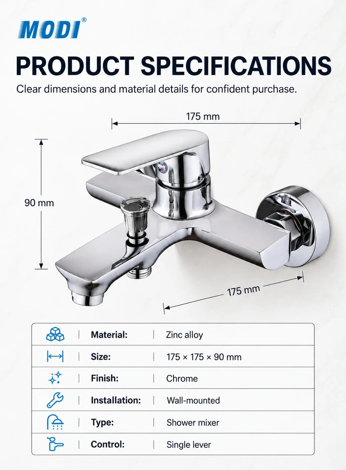 Bath shower mixer dimensions 175 x 175 x 90 mm with zinc alloy body and chrome finish