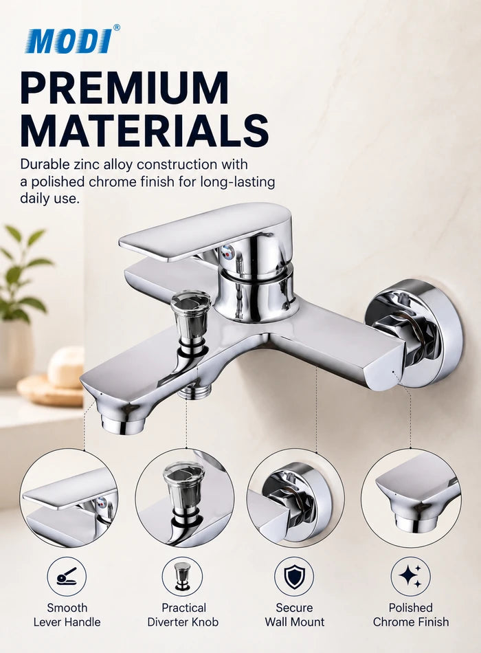 Chrome mixer detail views of the flat lever, diverter knob, wall connection and bath spout