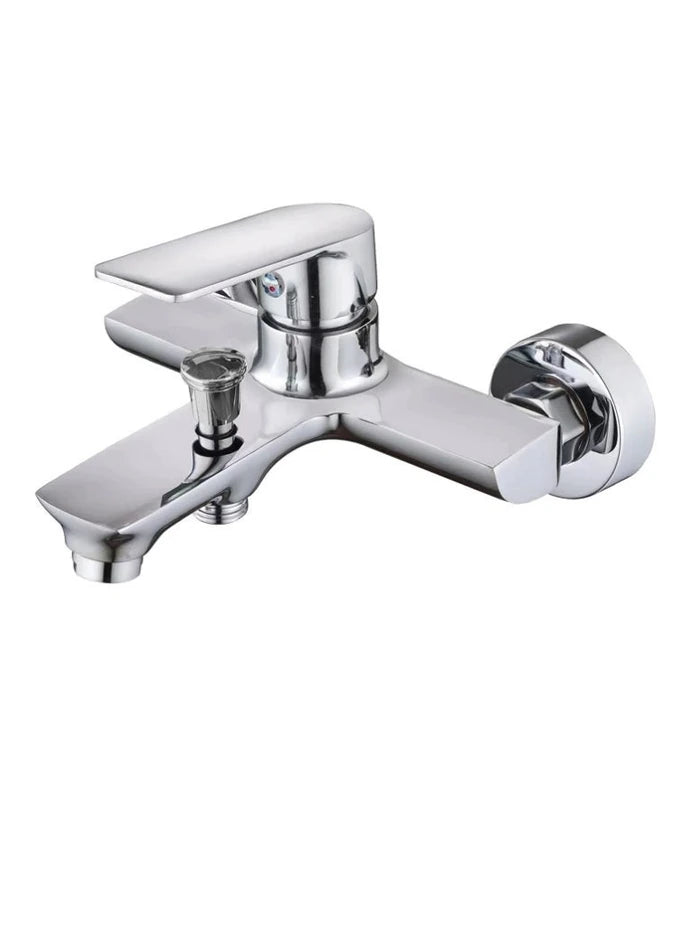 Three-quarter view of the chrome wall-mounted bath and shower mixer