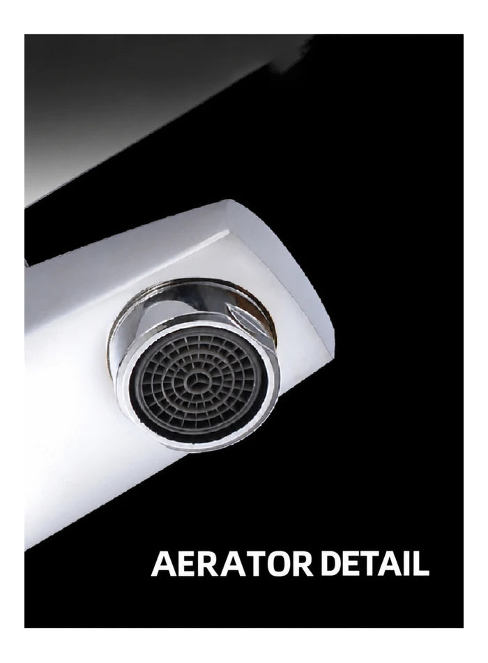 Close-up of the aerator at the chrome bath spout outlet